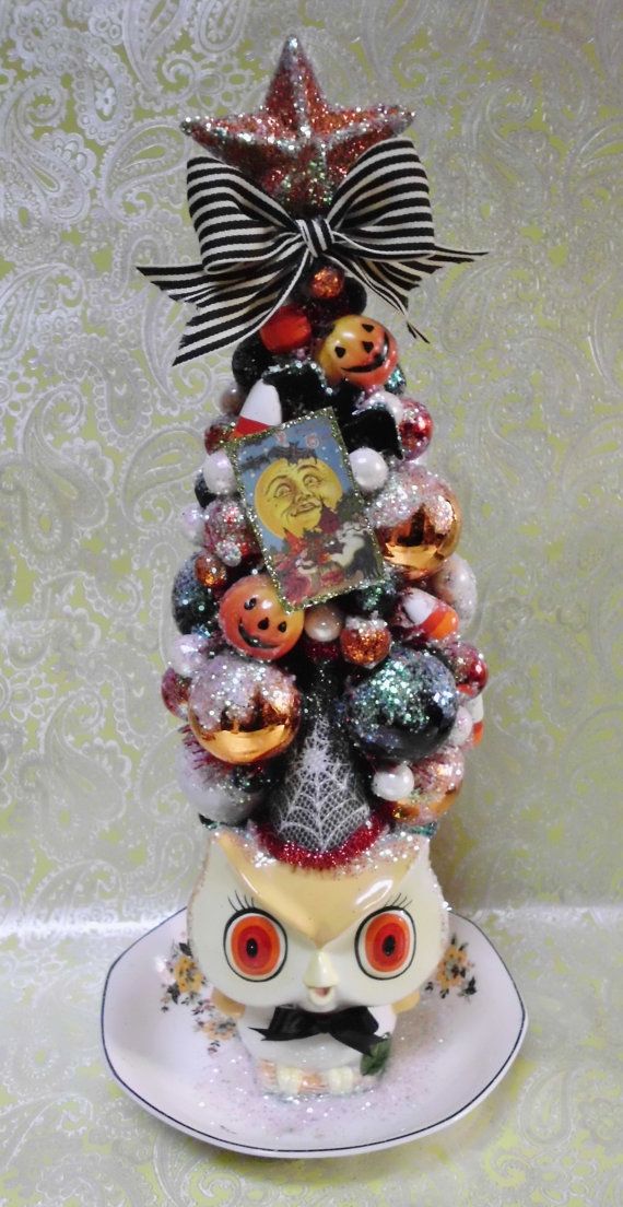 Halloween Ornament Tree, Vintage Owl Planter, Vintage Halloween, Jack O Lantern, Pumpkins, Black Bats, Black Striped Ribbon, MADE TO ORDER