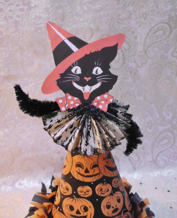 Halloween Party Decoration, Black Cat, Altered Art Creation, Vintage Halloween Inspired, Kitschy Halloween, Tree Topper, Made to Order
