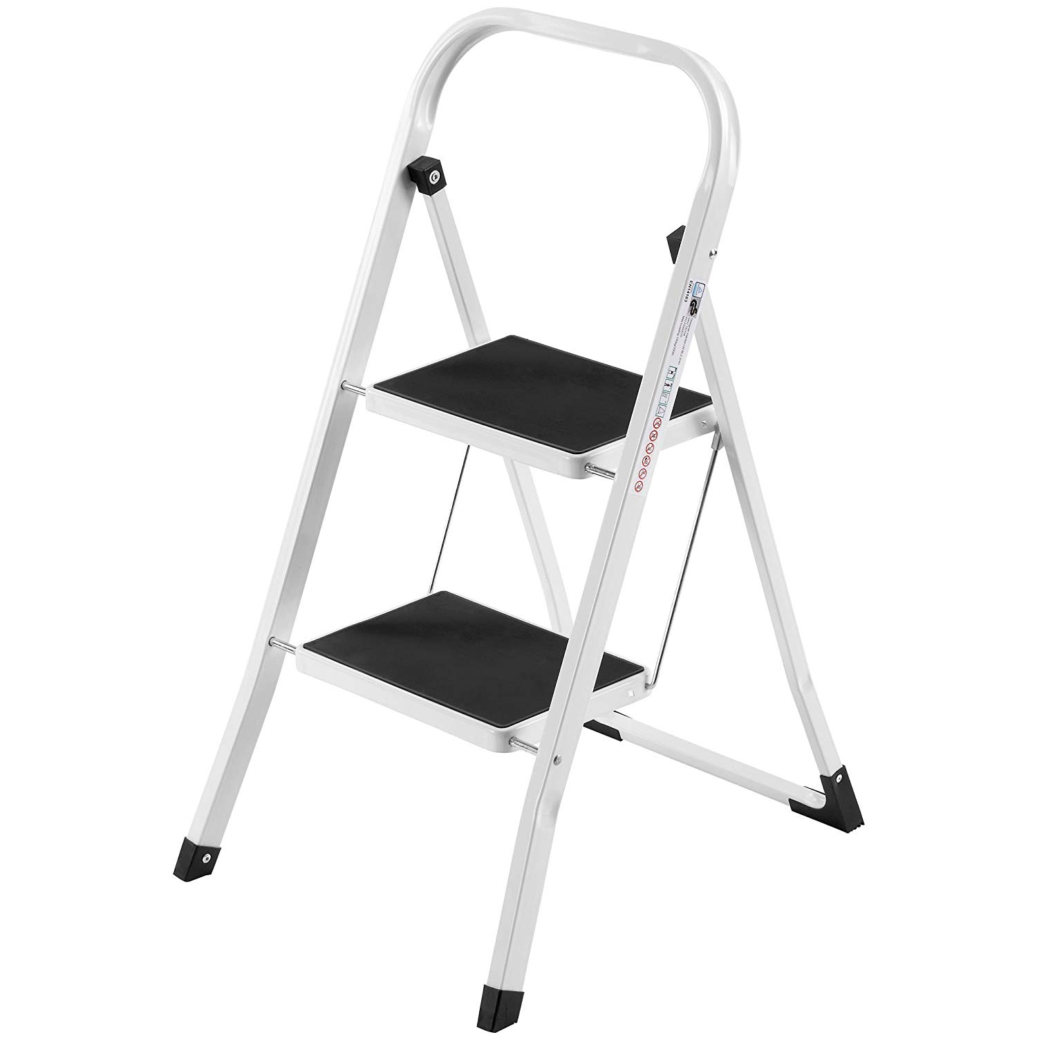 VonHaus Steel 2 Step Ladder Folding Portable Stool with 330lbs Capacity - Lightweight and Sturdy, White, 2 Step