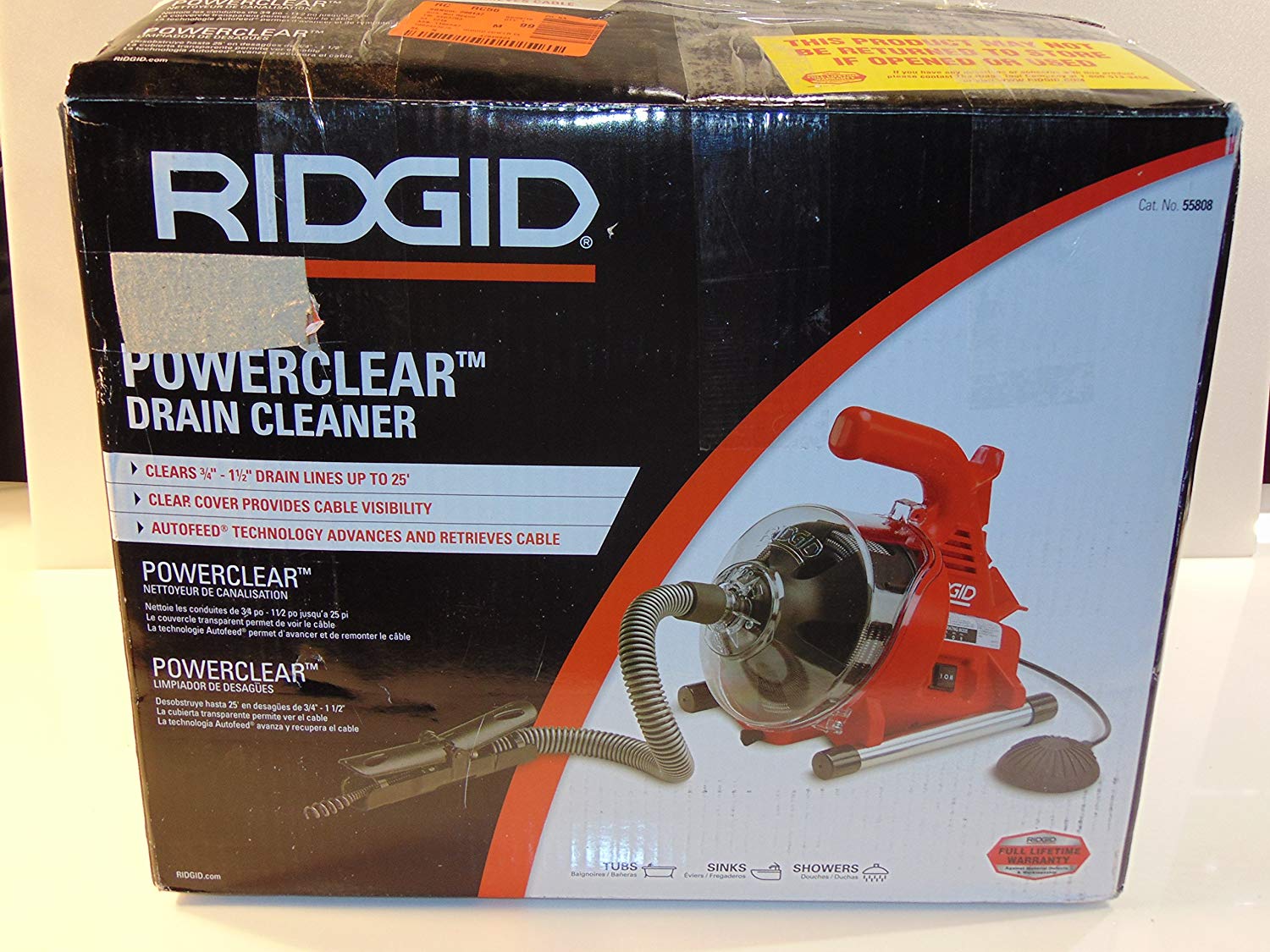 Ridgid 55808 PowerClear Drain Cleaning Machine 120V Drain Cleaner Cleans Tub, Shower or Sink Blockages from 3/4" to 11/2" diameter, Red