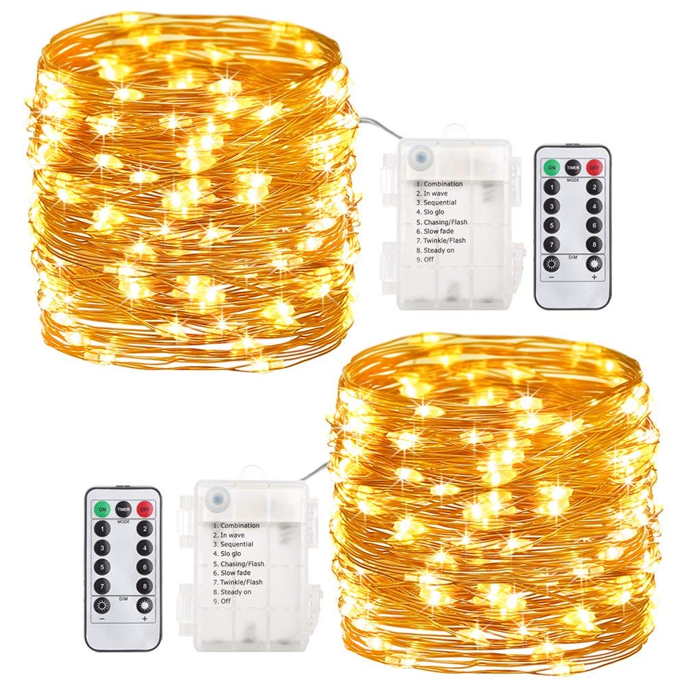 GDEALER 2 Pack Fairy Lights Halloween String Lights Battery Operated Waterproof 8 Modes 60 LED 20ft String Lights Copper Wire Firefly Lights Remote Control Christmas Decor Lights Warm White