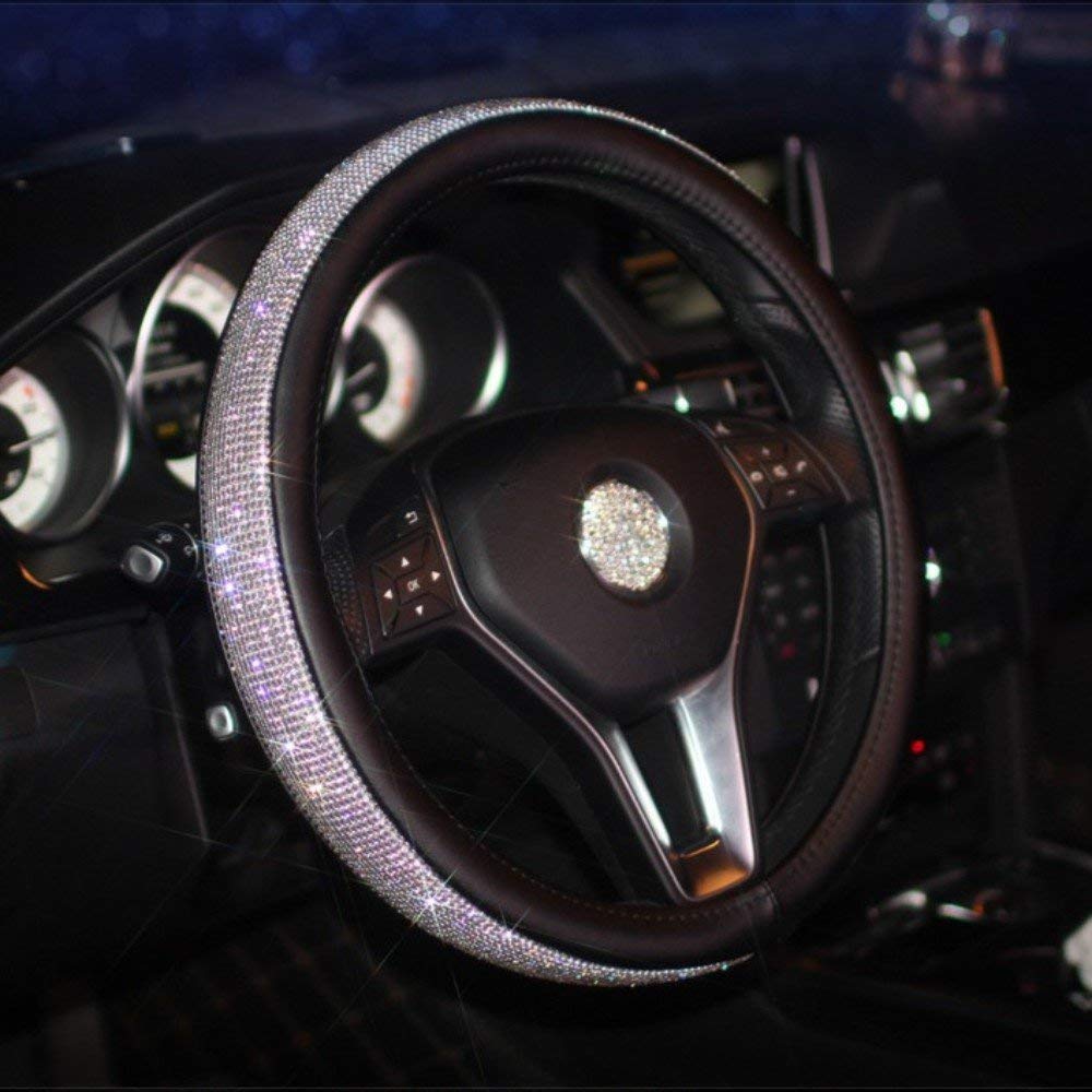 KiShi Car Leather Steering Wheel Cover Universal Breathable Anti-slip Wheel Sleeve Protector (Rhinestones (black)