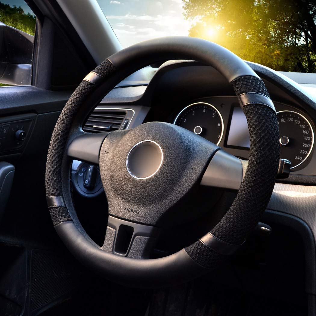 LucaSng Steering Wheel Cover,13.97"-14.17" Microfiber Leather Car Vehicle Black,S