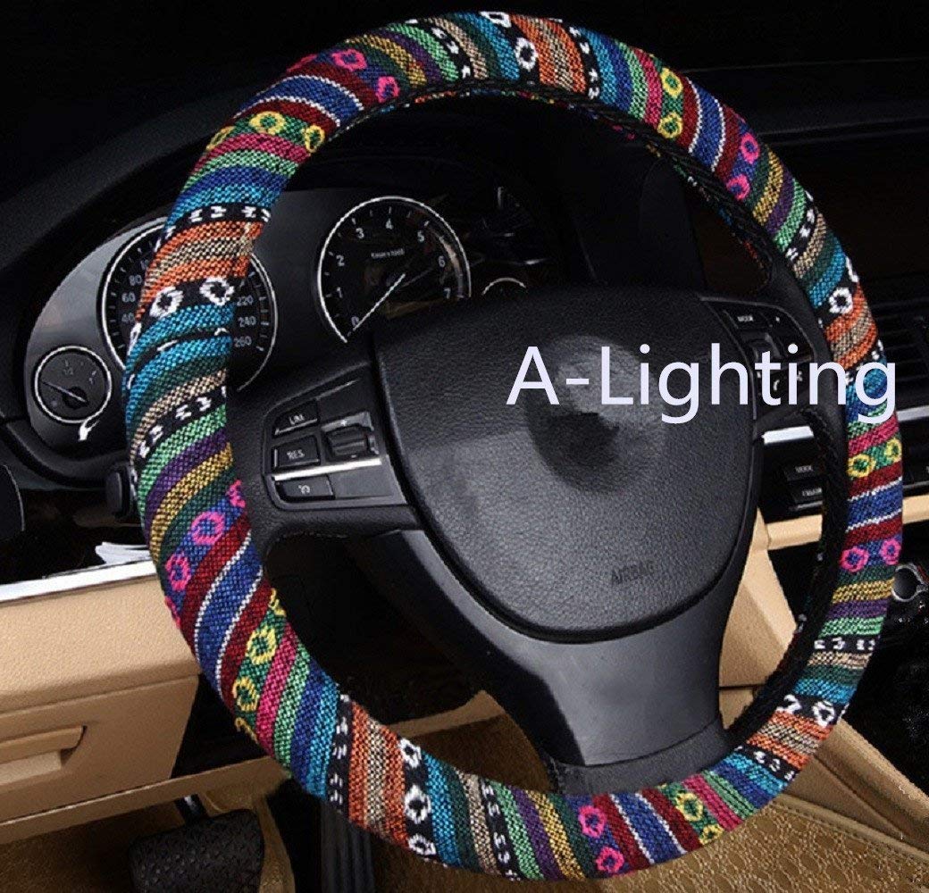 A-Lighting Ethnic Style Coarse Flax Cloth Automotive Steering Wheel Cover Anti Slip and Sweat Absorption Auto Car Wrap Cover - A