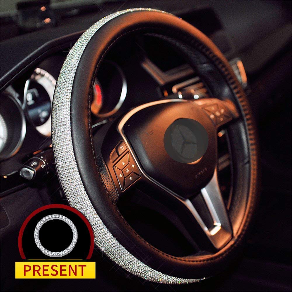 Sino Banyan Cystal Steering Wheel Cover,with PU Leather Bling Bling Rhinestones,Black & Silver