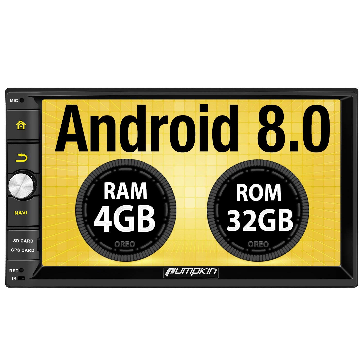 PUMPKIN Android 8.0 Car Stereo Double Din 4GB with GPS and WiFi, Android Auto, Support Fastboot, Backup Camera, 128GB USB SD, 7 inch Touch Screen