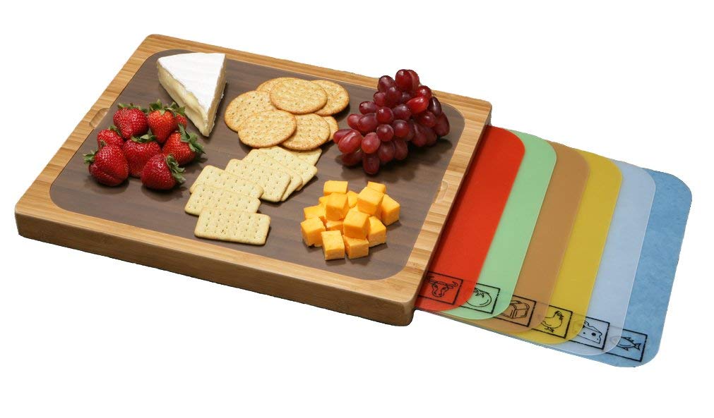Seville Classics Easy-to-Clean Bamboo Cutting Board and 7 Color-Coded Flexible Cutting Mats