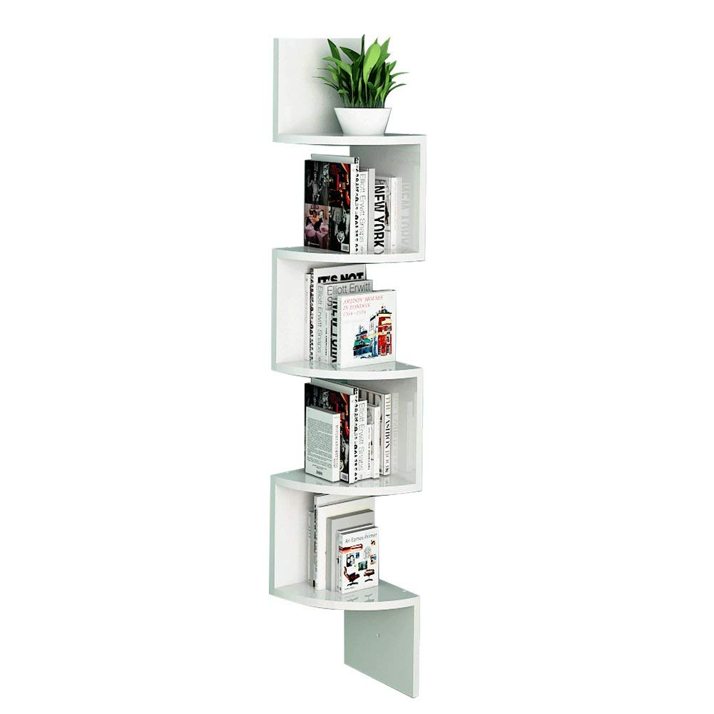 LOYOKI Wall Mount Decor Space Saving Corner Shelves Bookcase White Finish