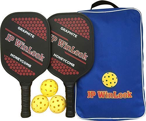 JP WinLook Pickleball Paddle Set - 2 Premium Graphite Rackets Honeycomb Composite Core 3 Balls, Ultra Cushion Grip, Portable Racquet Cover Case Bag Accessories Gift Kit, Men Women Kids Indoor Outdoor
