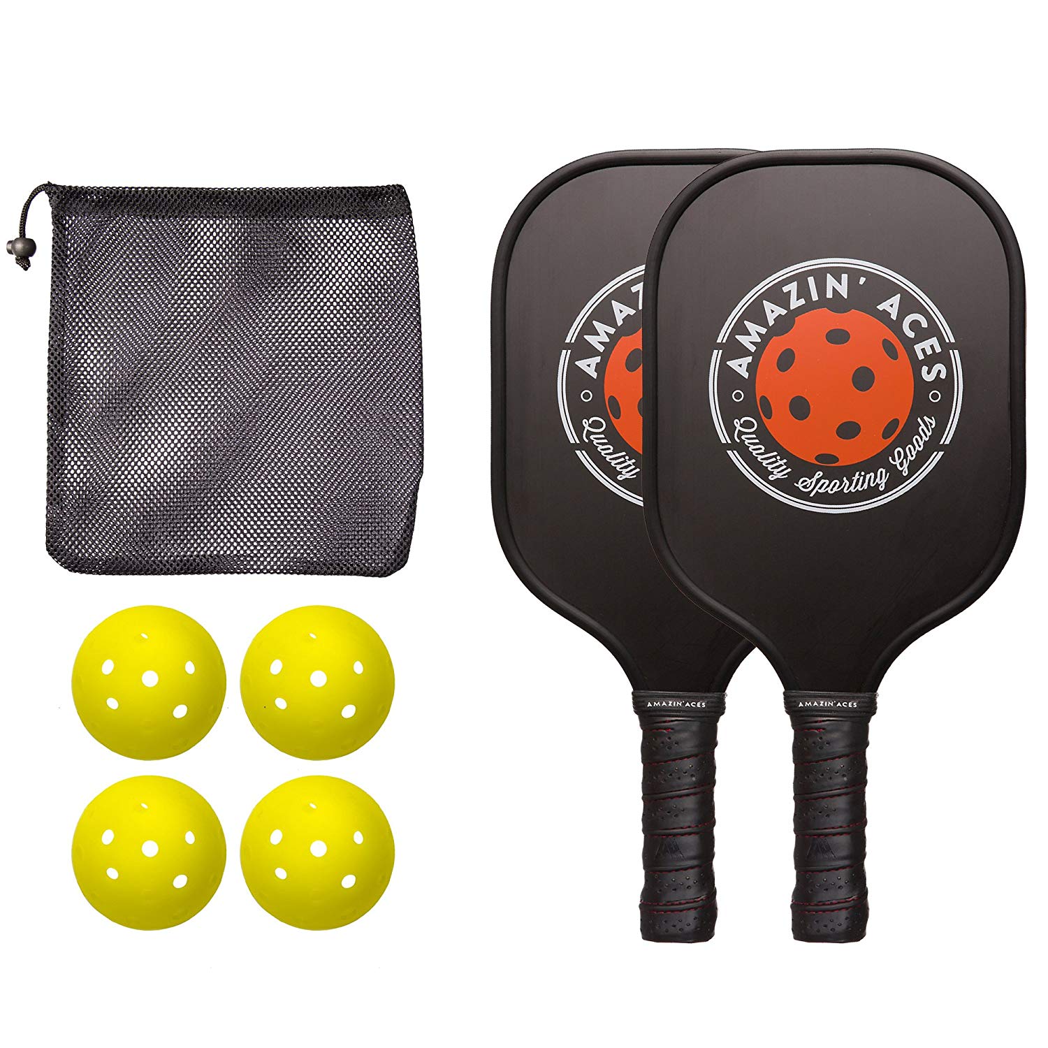 Amazin' Aces Pickleball Paddle Bundle | Set Includes Two Graphite Paddles + Four Balls + One Mesh Pickleball Carrying Bag | Classic Rackets Feature Graphite Face with PP Honeycomb Core