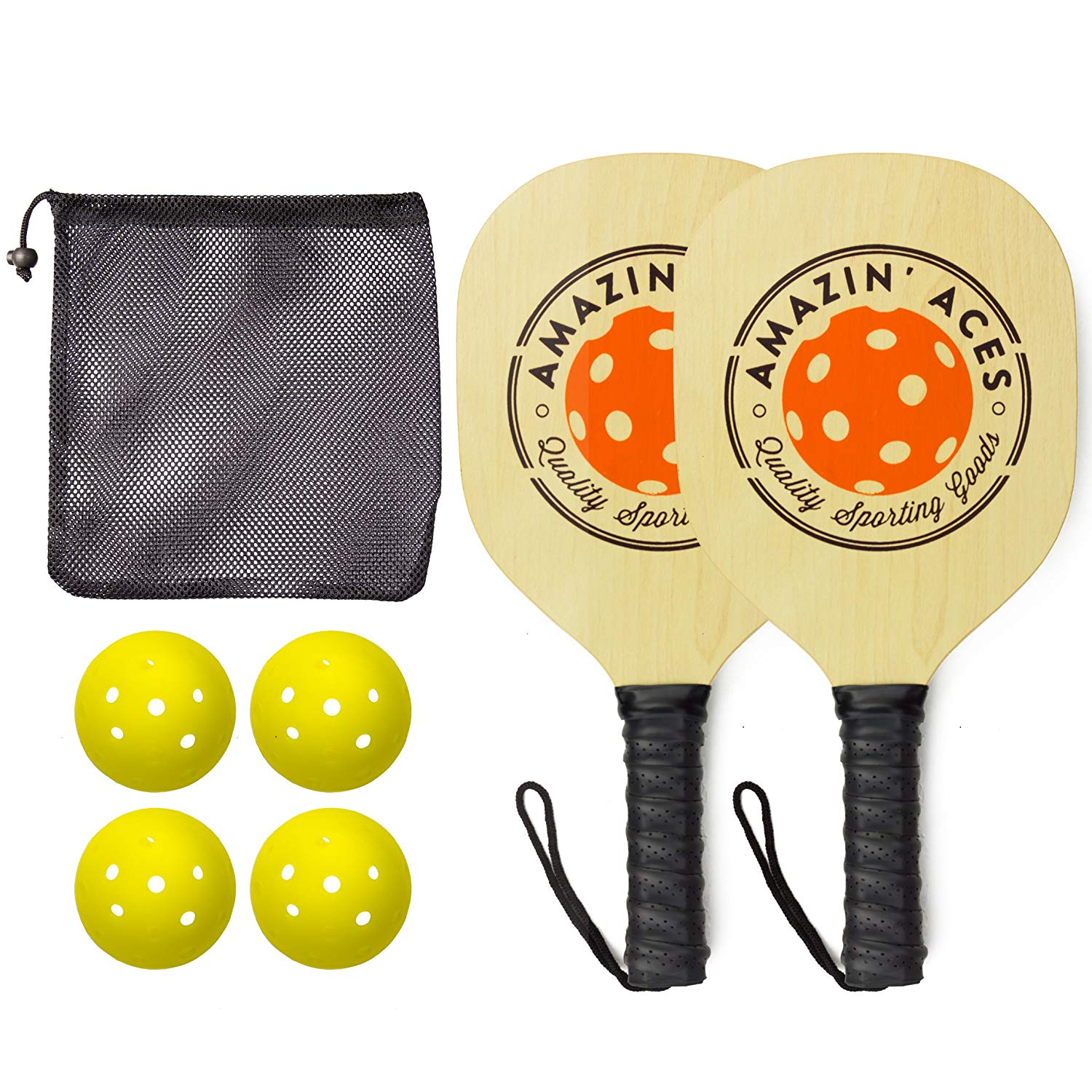 Amazin' Aces Pickleball Paddles | Gift Ready Box | Set Includes 2 Wood Pickleball Paddles + 4 Pickleballs + 1 Mesh Carry Bag | Great Rackets for Beginners | Pickleball Paddle Set Includes eBook