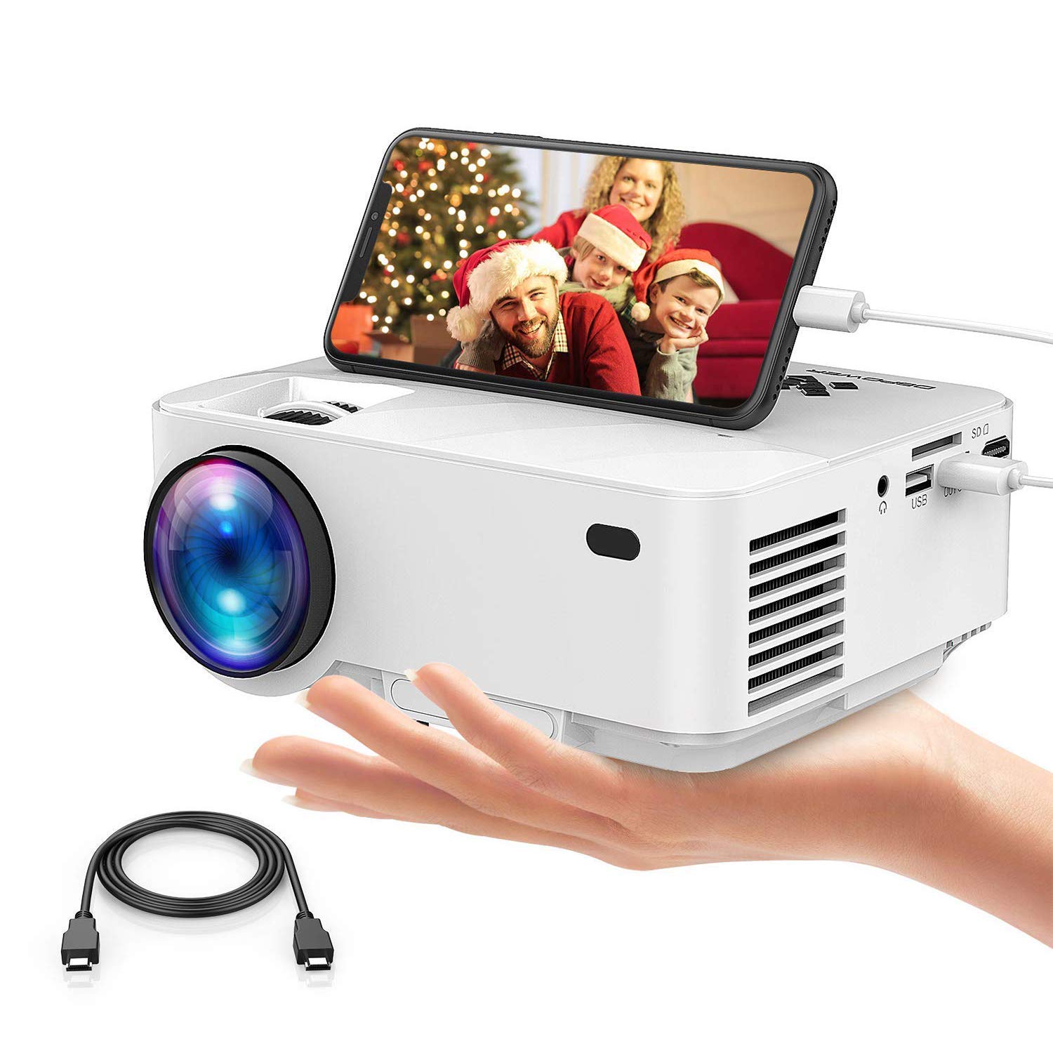 Mini Projector, DBPOWER 2400Lux Synchronizing Smartphone Screen Portable Movie Projector, Video Projector for Home Theater, 1080P/HDMI/VGA/USB/TV Box/Laptop/DVD/External Speaker Supported