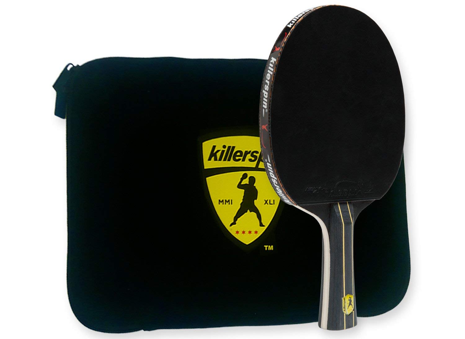 Killerspin Jet Black Ping Pong Racket Combo – Intermediate Table Tennis Bat| 5 Layer Wood Blade, Nitrx-4Z Rubbers, Flare Handle| Competition Ping Pong Racket| Protective Storage Case Sleeve