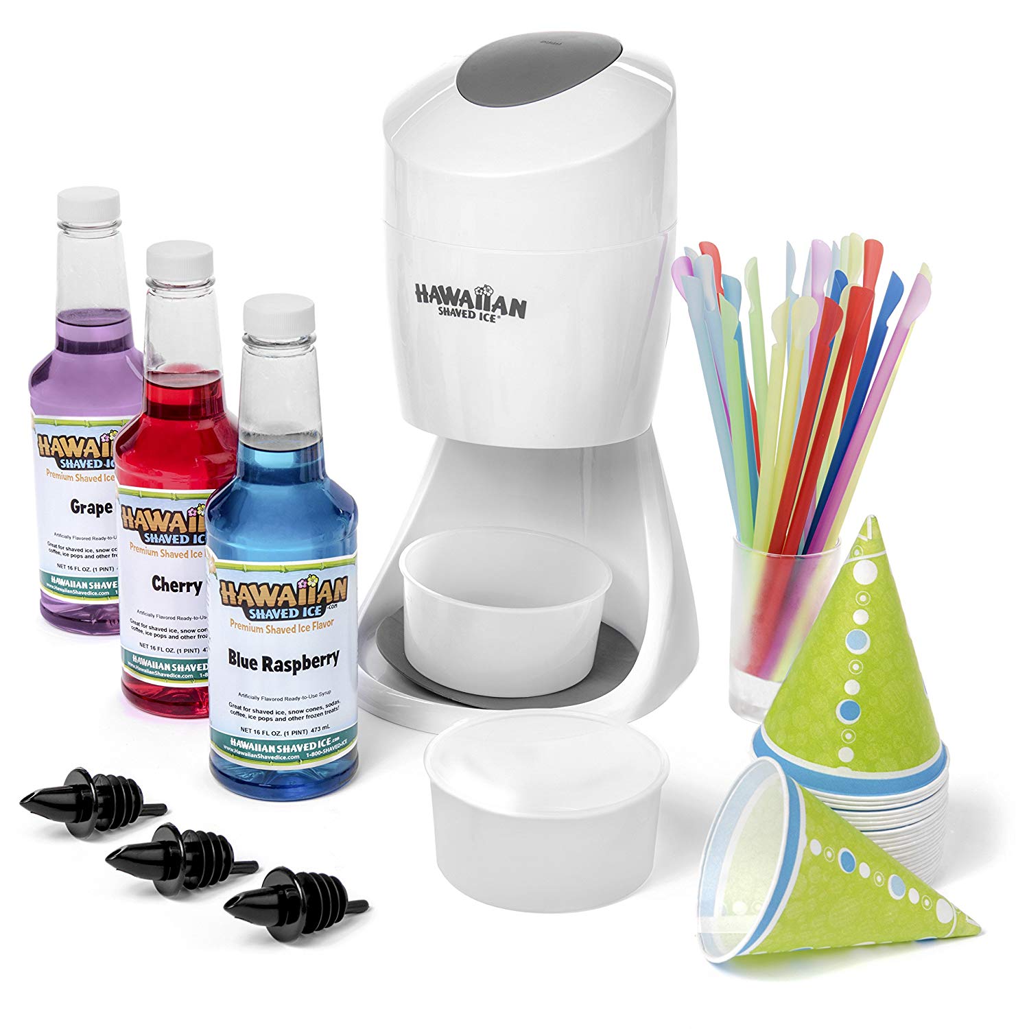 Shaved Ice Machine and Syrup Party Package by Hawaiian Shaved Ice | Includes S900 Shaved Ice Machine, 3 Ready-To-Use Pints of Syrup, 25 Snow Cone Cups, 25 Spoon Straws, &amp; 3 Black Bottle Pourers
