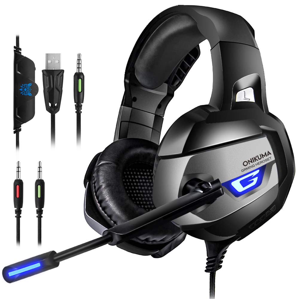 ONIKUMA Gaming Headset for PS4, PS4 Gaming Headset with 7.1 Surround Sound, Xbox One Headset with Noise Canceling Mic LED Light, Over-Ear Headphones for PS4, Xbox One, PC, Mac, Laptop, Nintendo Switch