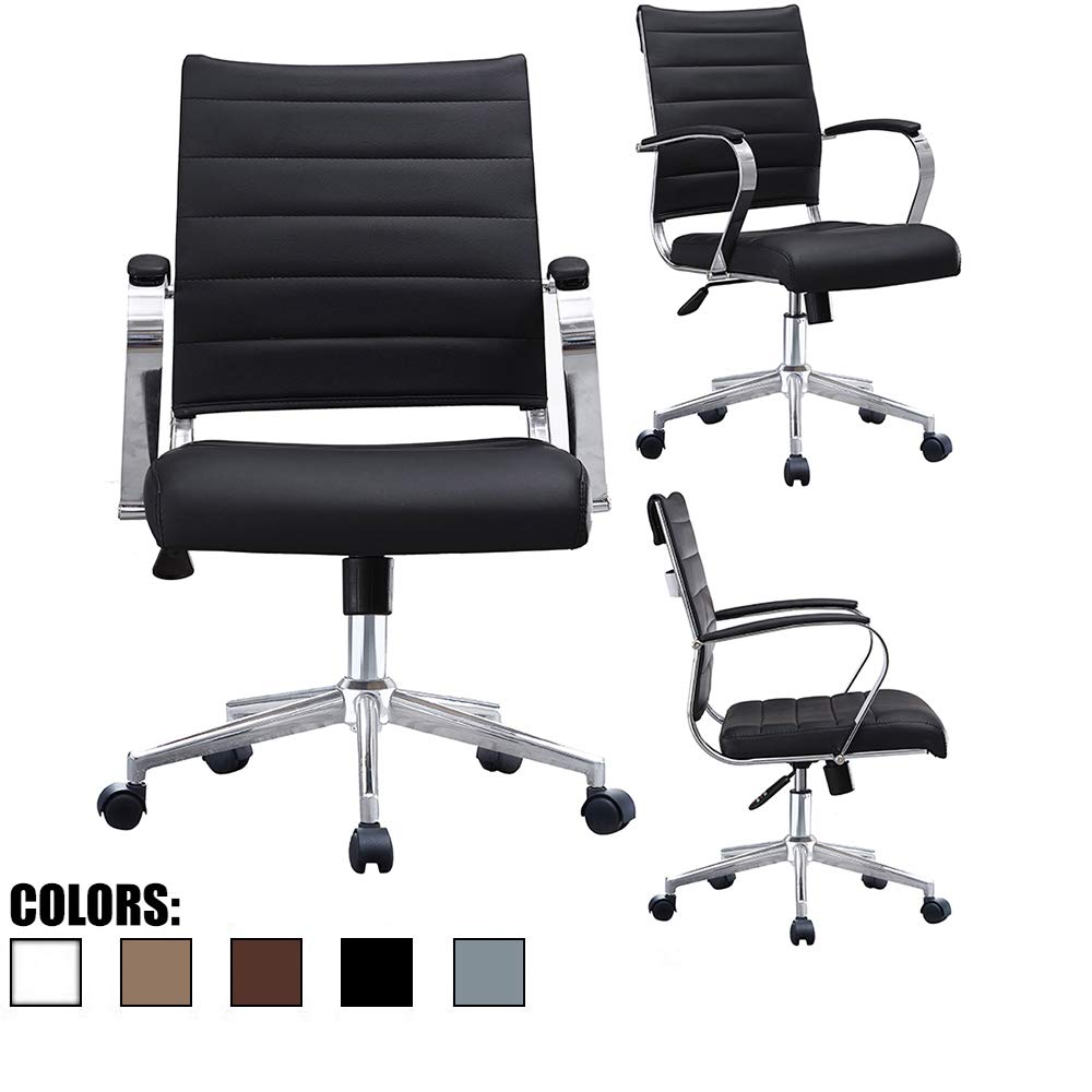 2xhome - Black- Modern Mid Back Ribbed PU Leather Swivel Tilt Adjustable Chair Designer Boss Executive Management Manager Office Chair Conference Room Work Task Computer … (Black)