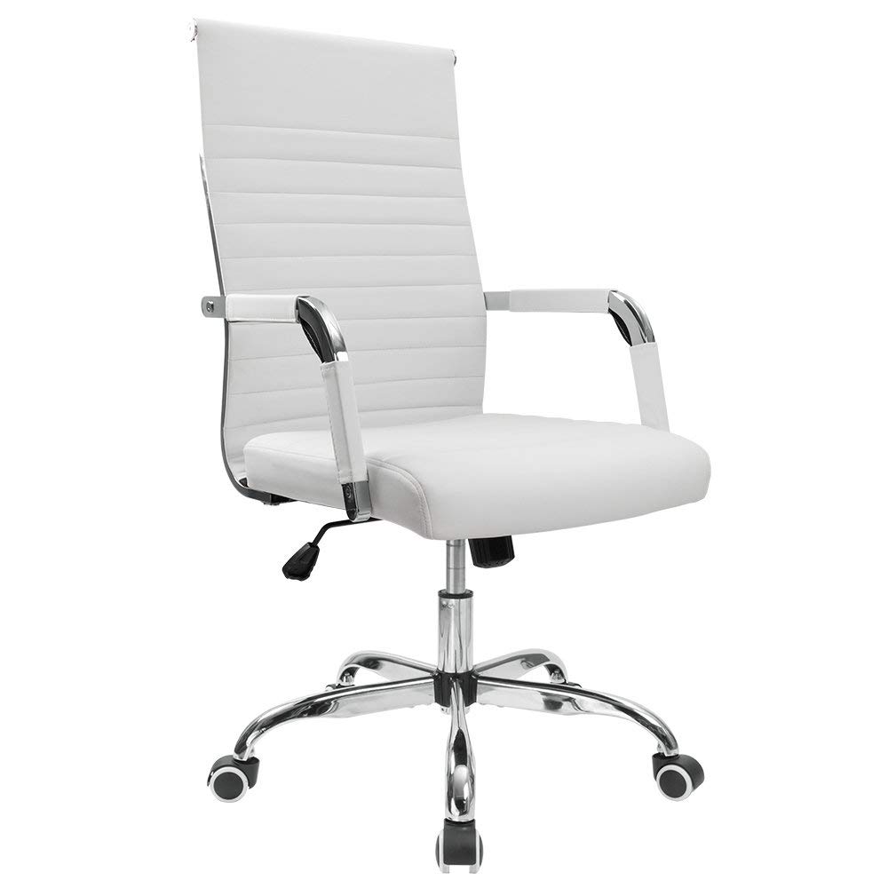 Furmax Ribbed Office Desk Chair Mid-Back Leather Executive Conference Task Chair Adjustable Swivel Chair with Arms (White)