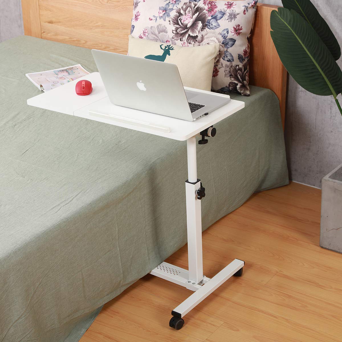 Rolling Laptop Table Tilting Overbed Table with Wheels Overbed Desk Rolling Laptop Stand Rolling Laptop Desk with Wheels (White)