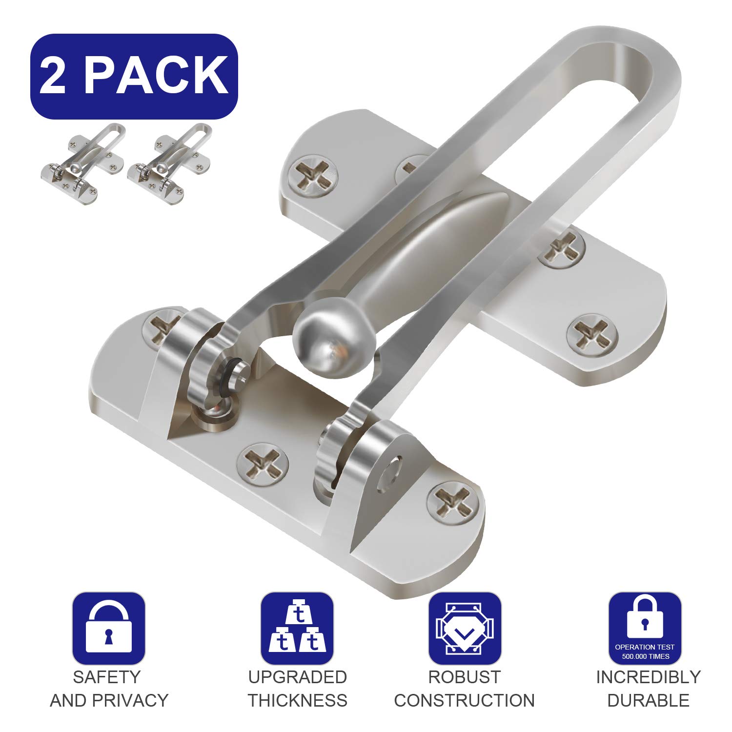 Pakesi Home Security Door Lock, 2 Pack Front Door Locks for Kids, Home Reinforcement Lock for Swing-in Doors, Thicken Solid Aluminium Alloy, Satin Nickel