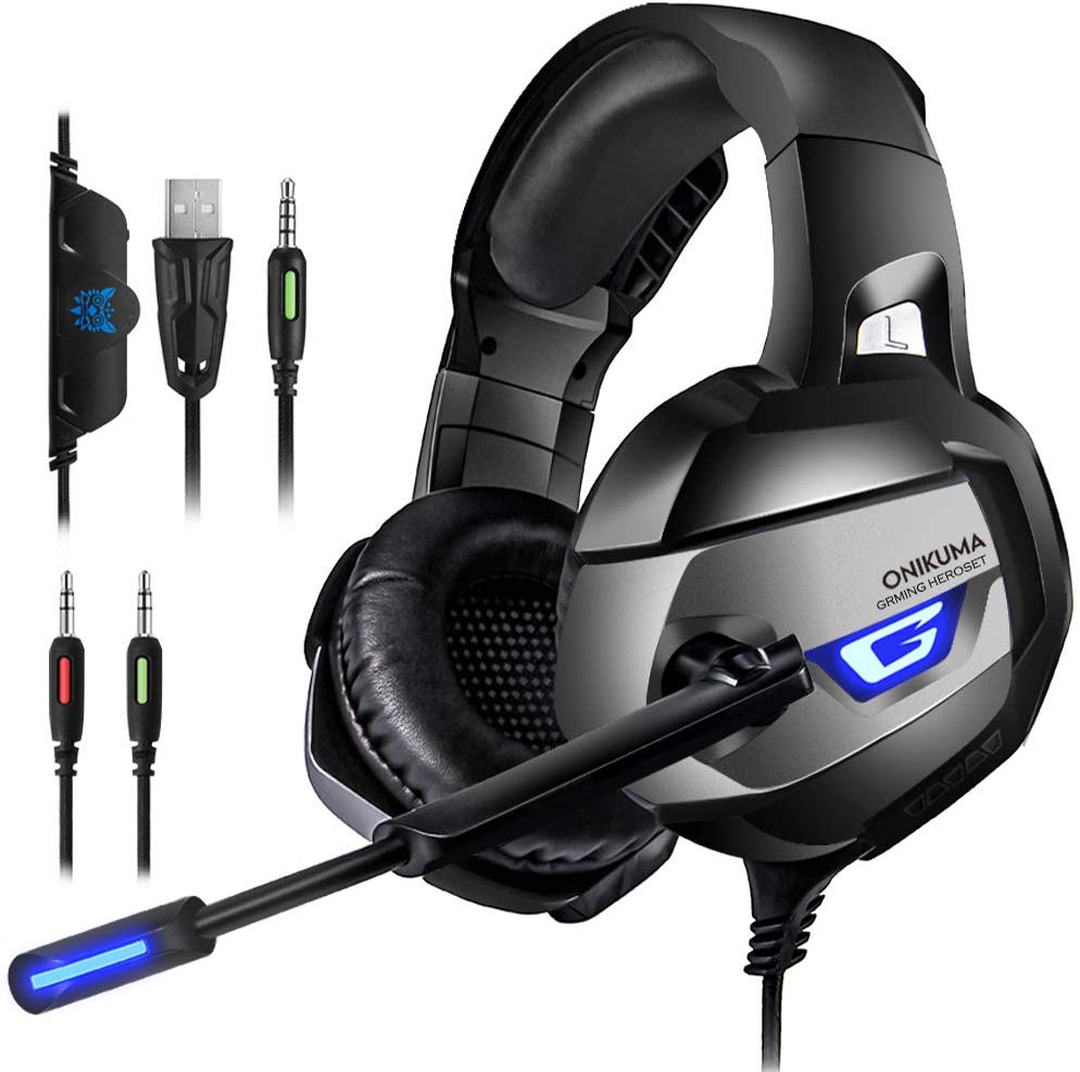 PS4 Gaming Headset - ONIKUMA Gaming Headset with 7.1 Surround Sound, Xbox One Headset with Noise Canceling Mic LED Light, Over-Ear Headphones for PS4, Xbox...