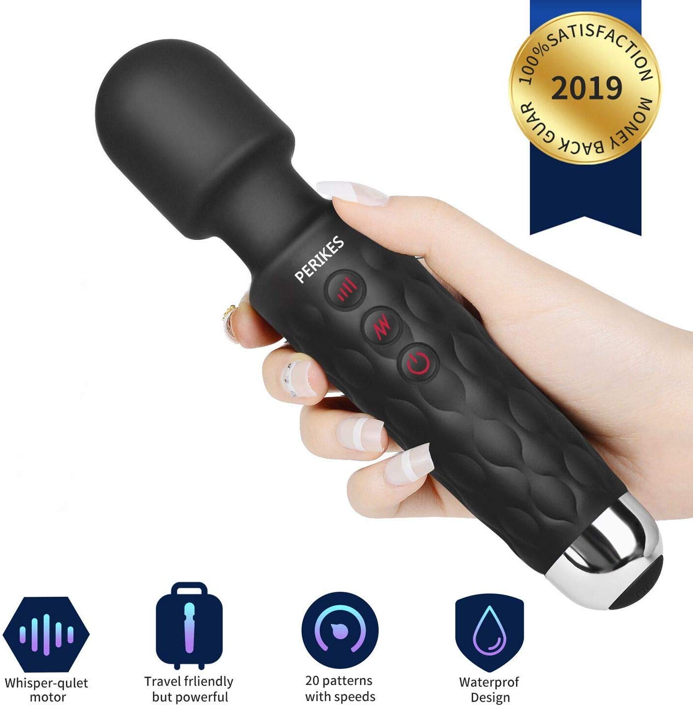 PERIKES Personal Massager Whisper Quiet Powerful Vibration, Handheld,Waterproof, Cordless for Neck Shoulder Back Body Massager, Sports Recovery & Muscle Aches (Black)