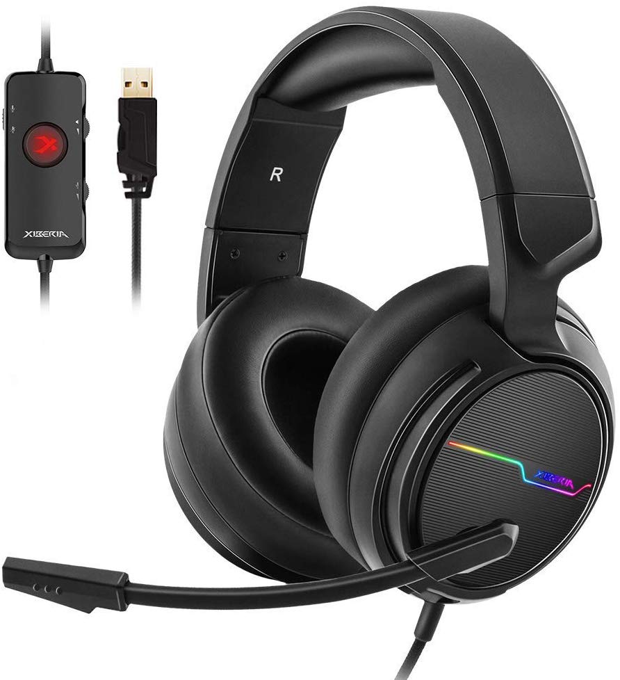 Jeecoo USB Pro Gaming Headset for PC- 7.1 Surround Sound Headphones with Noise Cancelling Mic- Memory Foam Ear Pads RGB Lights for Laptops