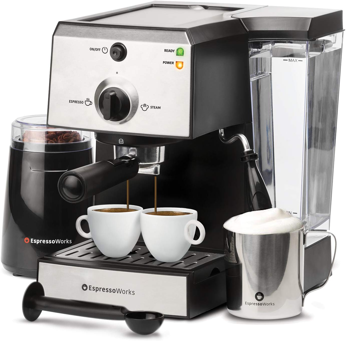 7 Pc All-In-One Espresso Machine & Cappuccino Maker Barista Bundle Set w/ Built-In Steamer & Frother (Inc: Coffee Bean Grinder, Portafilter, Milk...