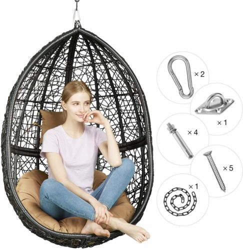 Greenstell Rattan Wicker Egg Hammock Chair with Hanging Kits,Weather Fastness Hanging Chair with Comfortable Brown Cushion and Pillow,Basket Swing Chair for...