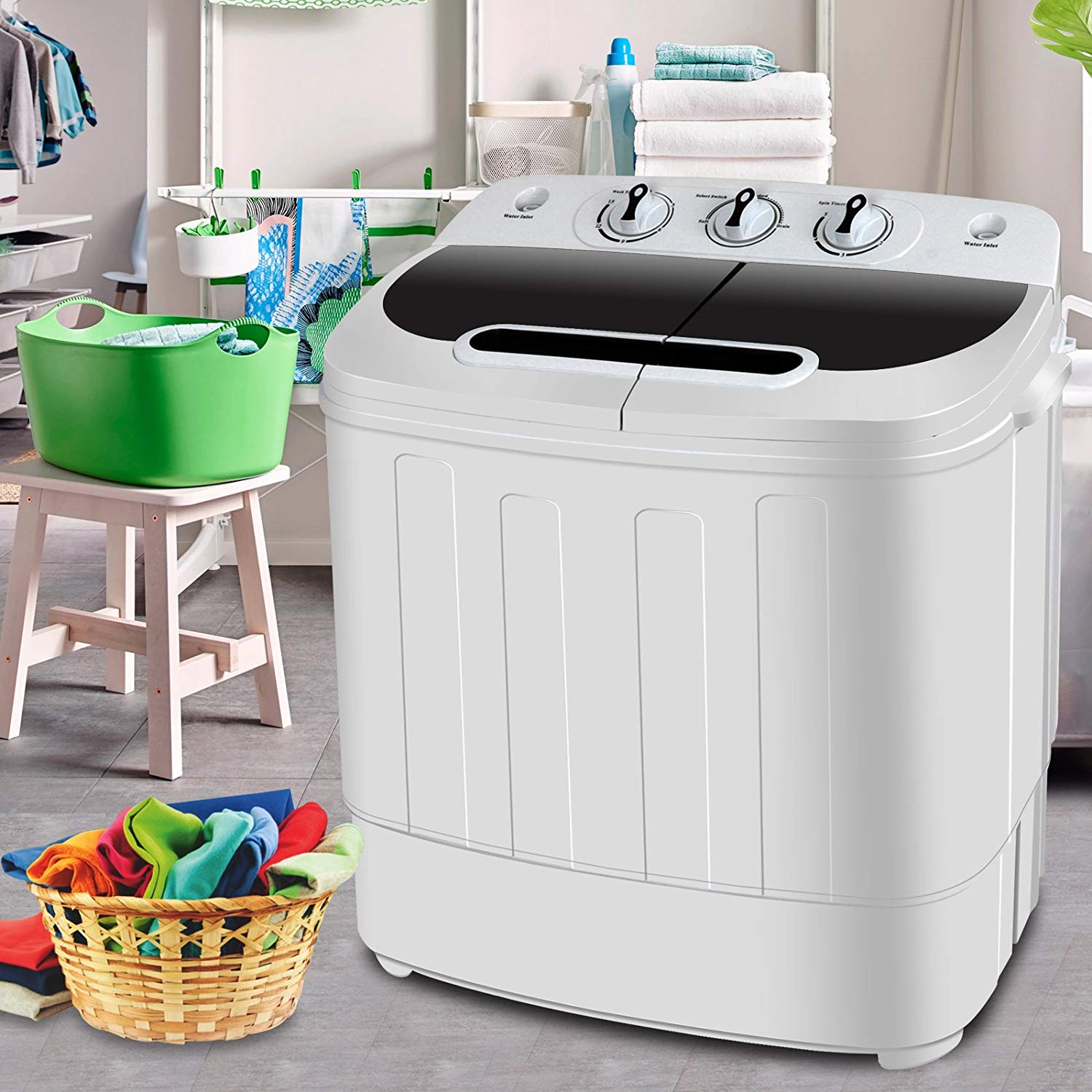 SUPER DEAL Portable Compact Mini Twin Tub Washing Machine w/Wash and Spin Cycle, Built-in Gravity Drain, 13lbs Capacity For Camping, Apartments, Dorms, College Rooms, RV’s, Delicates and more