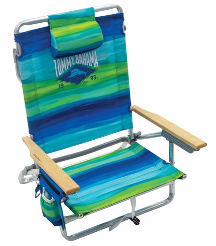 Tommy Bahama 5-Position Classic Lay Flat Folding Backpack Beach Chair - Blue and Green Stripe