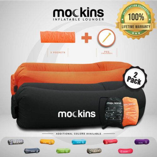 Mockins 2 Pack Black Orange Inflatable Lounger Hangout Sofa Bed with Travel Bag Pouch The Portable Inflatable Couch Air Lounger is Perfect for Music Festivals Or Camping Accessories Inflatable Hammock