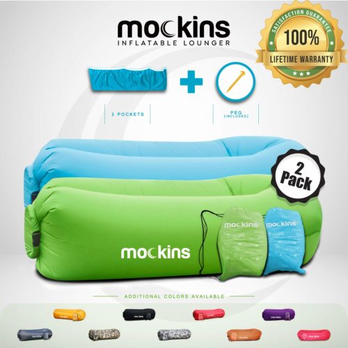 Mockins 2 Pack Inflatable Lounger Air Sofa Perfect for Beach Chair Camping Chairs or Portable Hammock and Includes Travel Bag Pouch and Pockets | Easy to Use Camping Accessories -Blue and Green Color