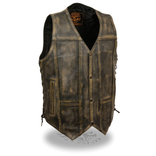 Men’s Distressed Leather 10 Pocket Vest Brown