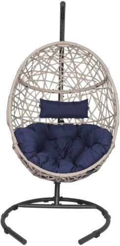 Outdoor Patio Wicker Hanging Basket Swing Chair Tear Drop Egg Chair with Cushion and Stand (Navy)