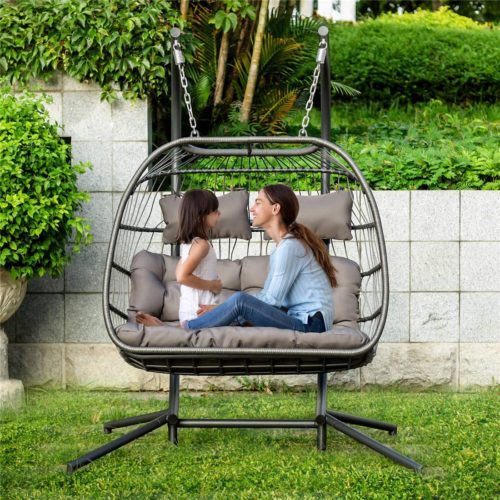 NICESOUL 2 Persons Luxury Outdoor Patio Wicker Loveseat Hanging Chair Swing Hammock Egg Chairs
